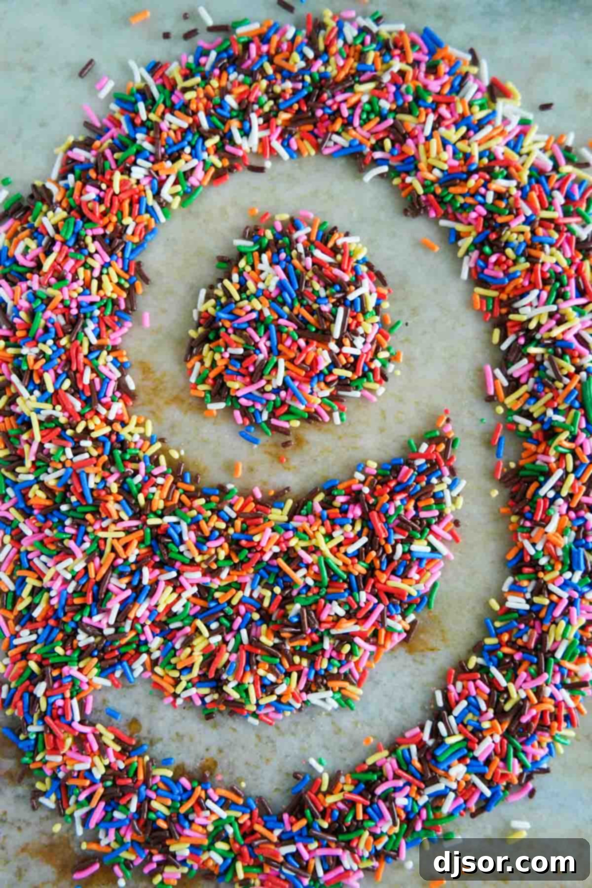 Colorful sprinkles arranged to form the number 9 on a countertop.