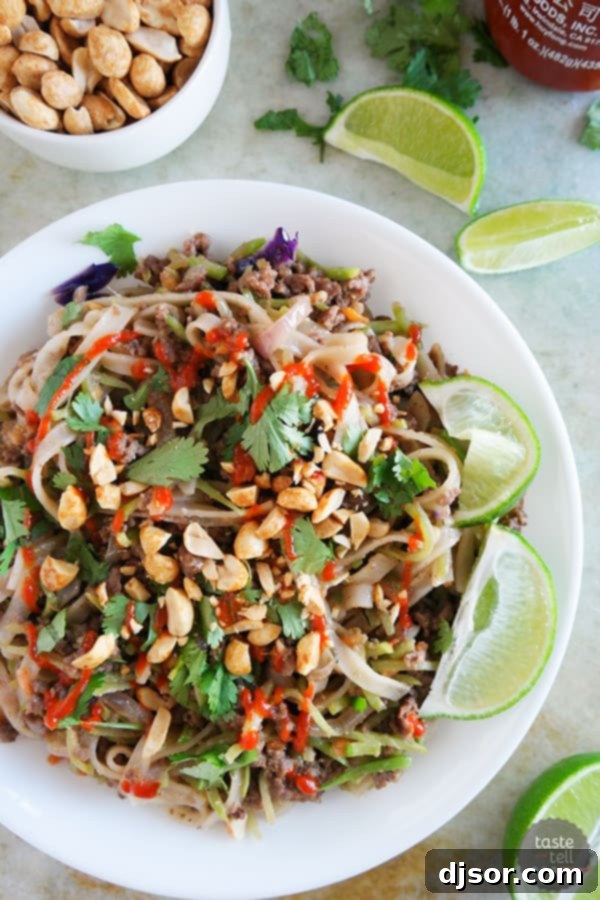Freshly garnished Beef Satay Noodles Close-up of Beef Satay Noodles generously topped with fresh cilantro, crunchy peanuts, and bright lime slices, showcasing the vibrant textures.