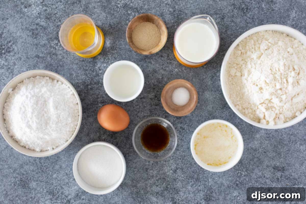 Classic Glazed Delights 3 Assortment of fresh ingredients laid out, ready for making Glazed Donuts, including flour, sugar, yeast, milk, and eggs.