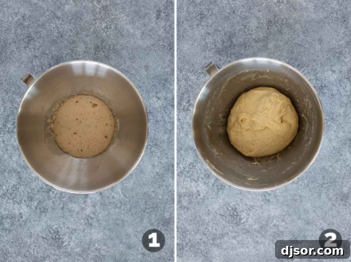 Classic Glazed Delights 4 A visual guide showing the progression of making homemade donut dough, from mixing ingredients to kneading.