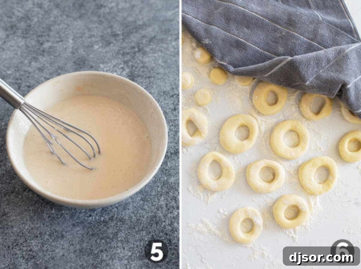 Classic Glazed Delights 6 Two images: one showing the process of whisking ingredients for the donut glaze in a bowl, and the other displaying the shaped donuts after their second rise, ready for frying.