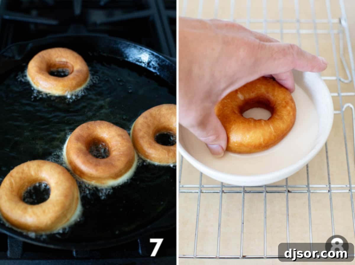 Classic Glazed Delights 7 Two images: one showing donuts being carefully fried to golden perfection in a cast iron pan, and the other depicting a fried donut being dipped into the sweet glaze.