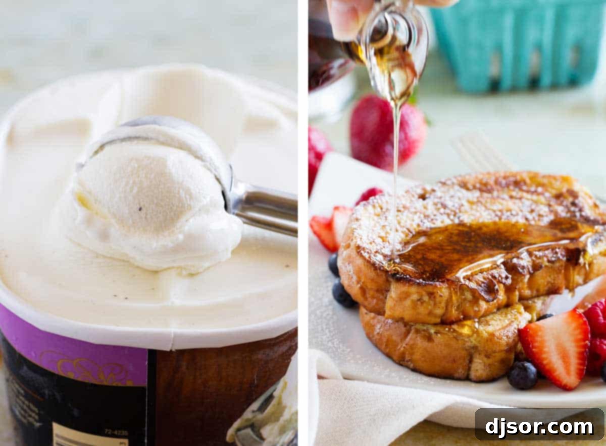 A collage showing the process: scooping vanilla ice cream into a bowl, and a cooked slice of Ice Cream French Toast being topped with maple syrup and fresh blueberries.