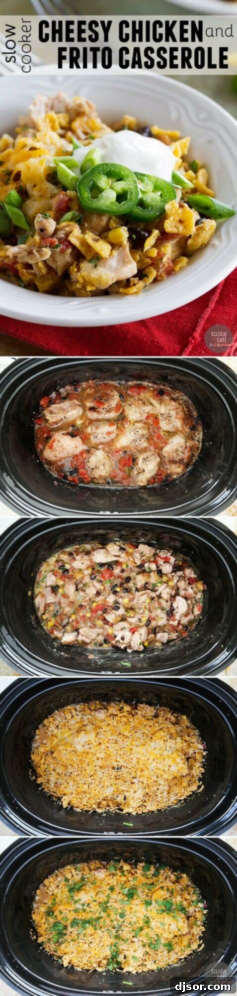 A large, inviting image of the Slow Cooker Cheesy Chicken and Frito Casserole, showcasing its appealing texture and comforting quality.