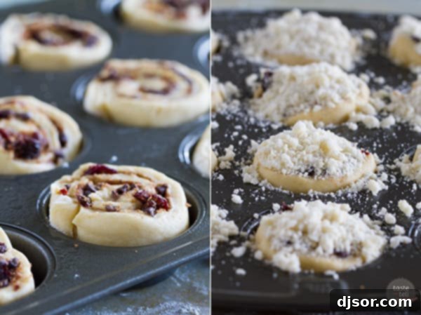 Unbaked Chocolate Cherry Streusel Rolls with streusel topping, ready for the oven.