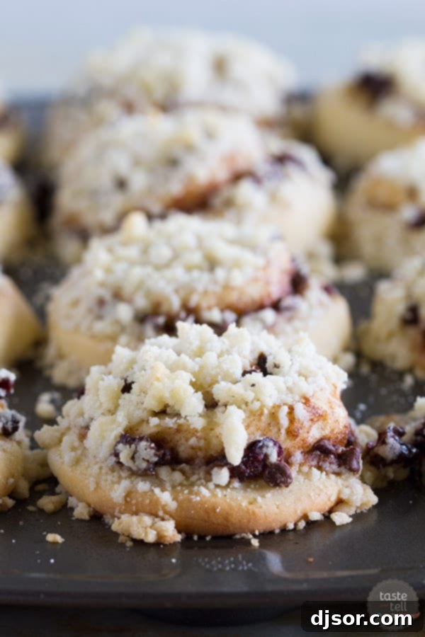 Warm Chocolate Cherry Streusel Rolls fresh from the oven, showing golden brown streusel.