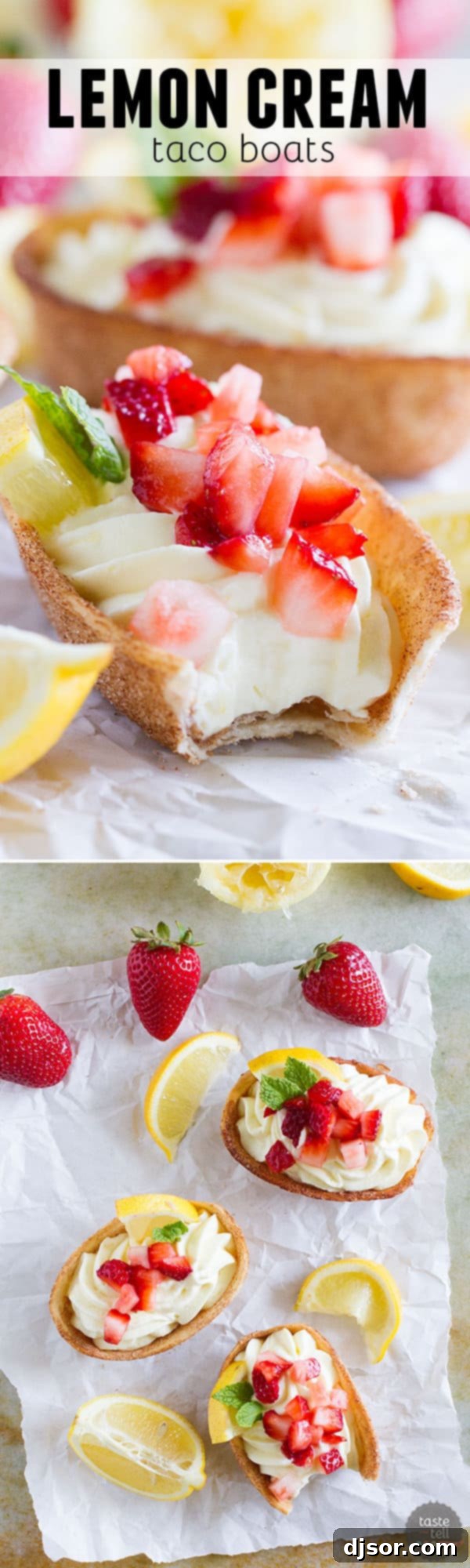 Light and lemony, these Lemon Cream Taco Boats have cinnamon-sugar coated tortilla boats filled with a creamy, luscious lemon cream. Top them off with diced strawberries for a perfect summer treat.