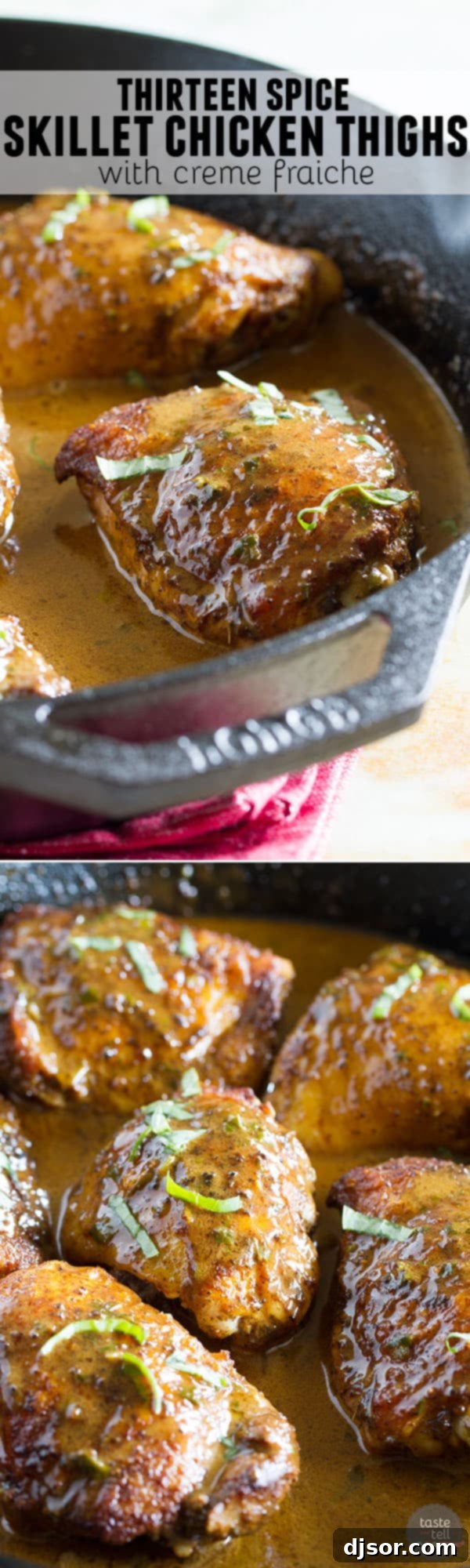 A stunning final shot of the Thirteen Spice Skillet Chicken Thighs with Creme Fraiche, garnished with fresh basil.