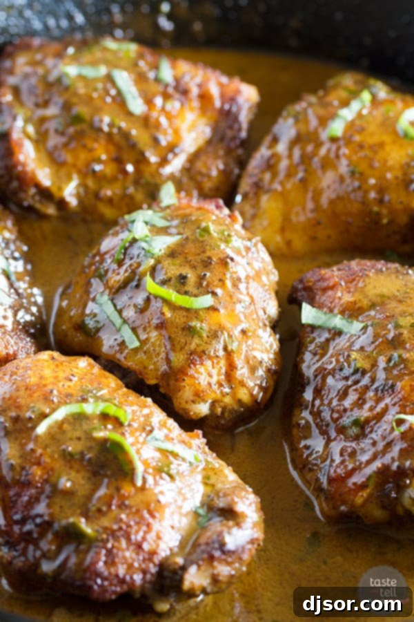 Thirteen Spice Skillet Chicken Thighs bathed in a rich Crème Fraîche sauce, a quick prep and easy cleanup recipe.