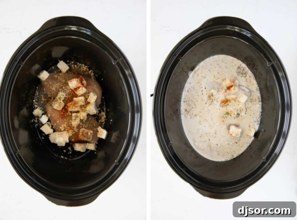 Chicken in a slow cooker with butter, cream cheese, spices, and cream.