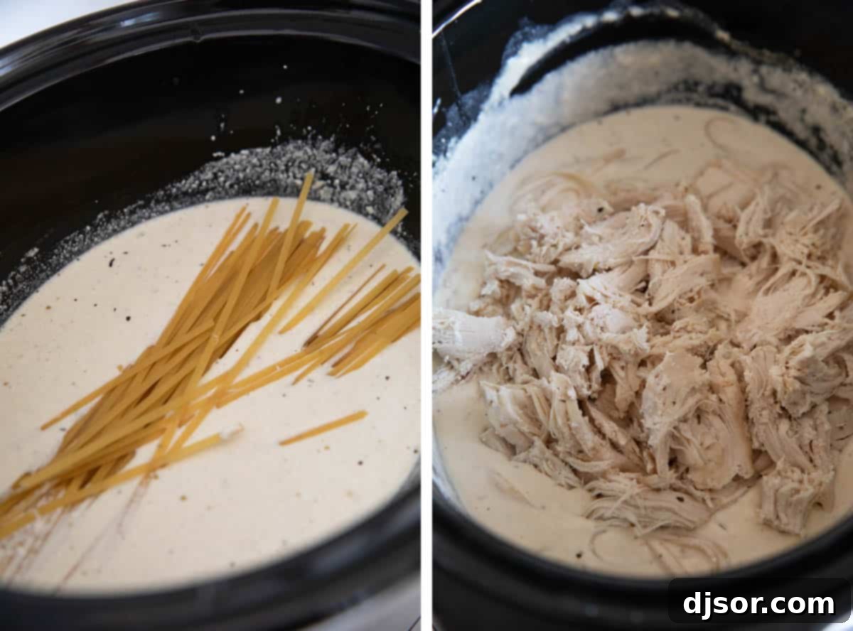 Adding pasta to sauce in a crock pot, then adding in cooked chicken.