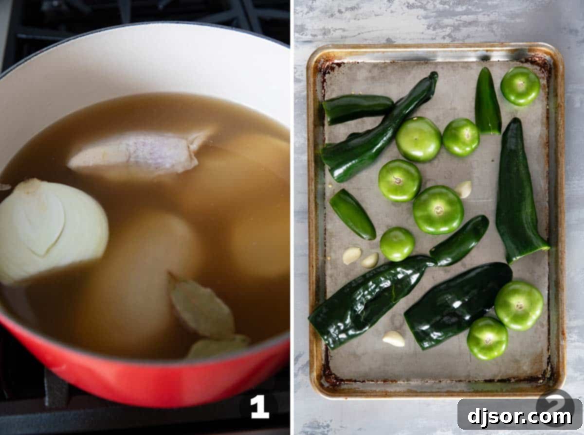 Zesty Green Pozole 4 A split image showing chicken thighs simmering in a pot of broth with onion and bay leaves on one side, and poblano peppers, jalapeños, tomatillos, and garlic charring under a broiler on a baking sheet on the other side.