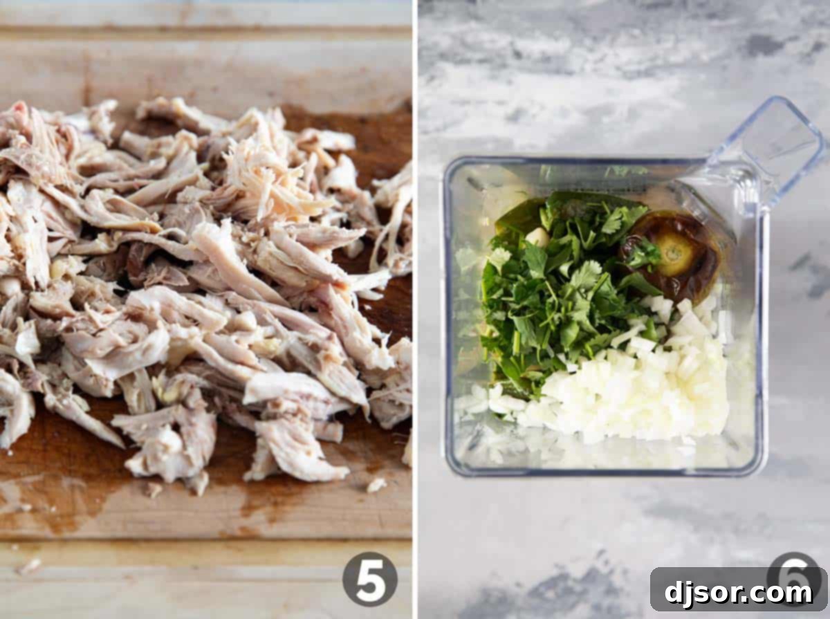 Zesty Green Pozole 6 A cutting board with shredded chicken on one side, and roasted poblano peppers, jalapeños, tomatillos, garlic, and fresh cilantro and diced onion in a blender, ready to be pureed into the green sauce.