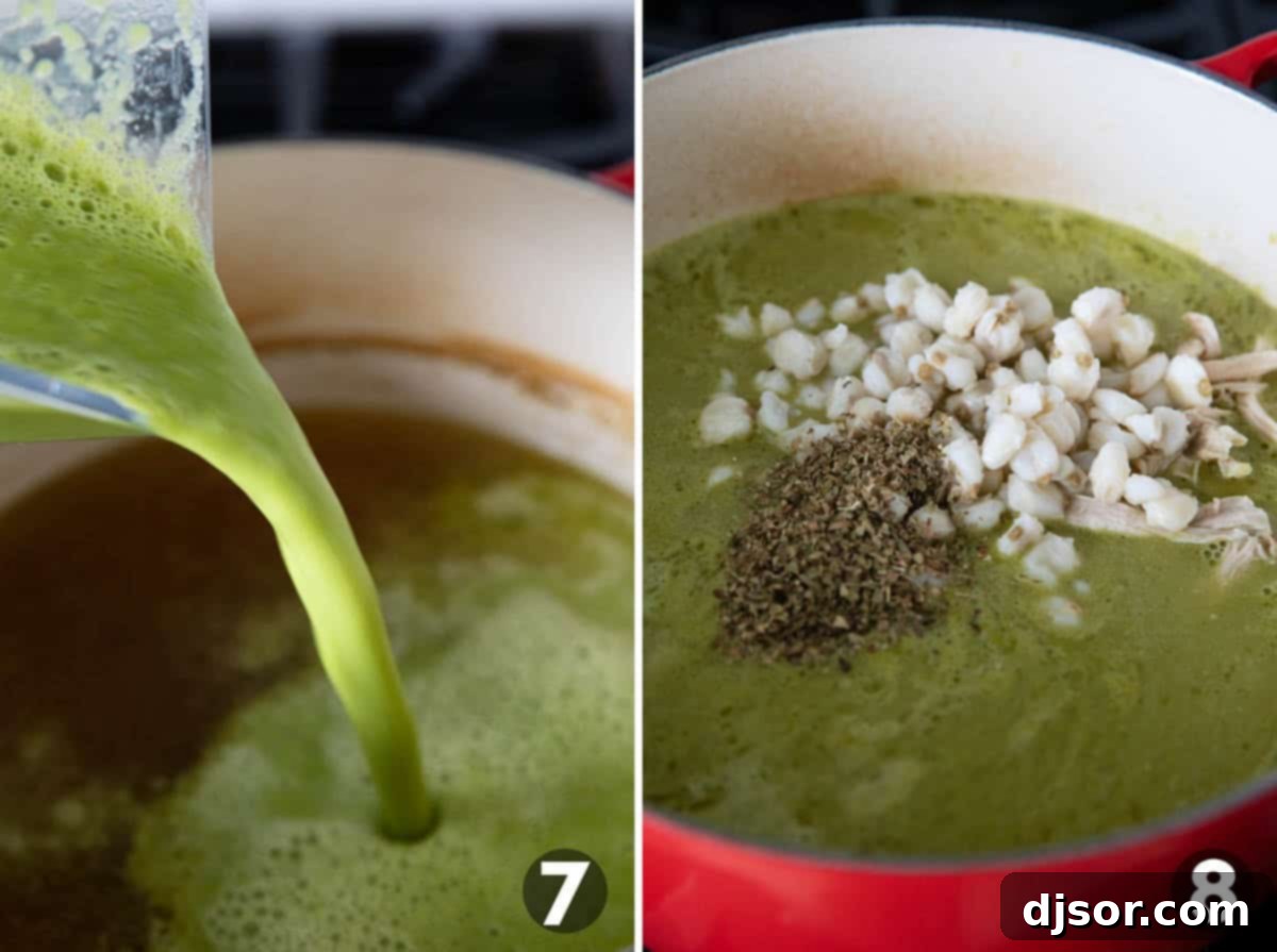 Zesty Green Pozole 7 A pot of Pozole Verde, with the vibrant green pepper mixture recently added, along with shredded chicken, hominy, and a sprinkle of oregano.