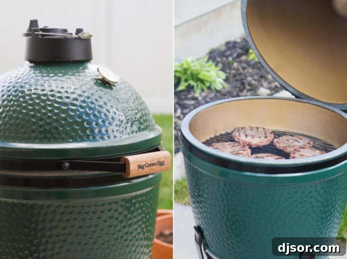 Triple Threat Pork Burger 3 Big Green Egg with burger patties cooking.