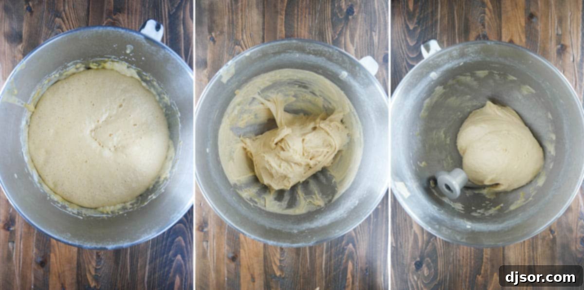 Fluffy Garlic Parmesan Brioche Buns 4 Close-up of dough being kneaded in a stand mixer, with ingredients for Garlic Parmesan Brioche Buns visible.