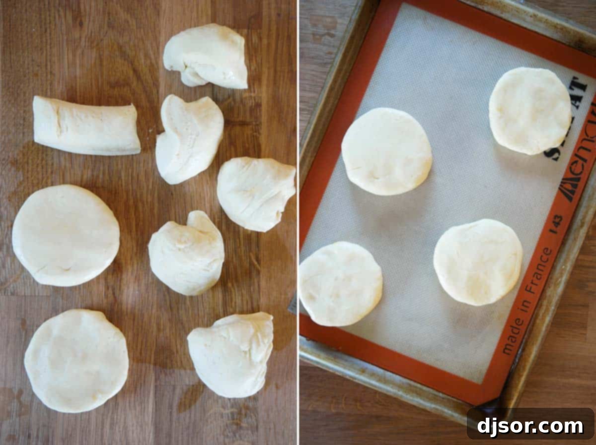 Fluffy Garlic Parmesan Brioche Buns 5 Dough for brioche buns being divided and shaped into individual rounds on a floured surface.
