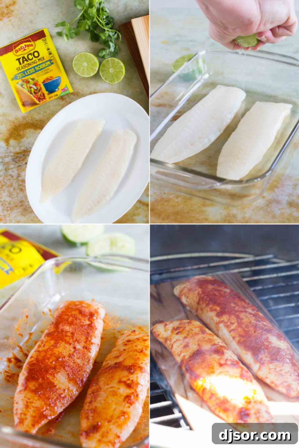 Step-by-step process of preparing taco seasoned grilled fish, showing seasoning and placement on a cedar plank.