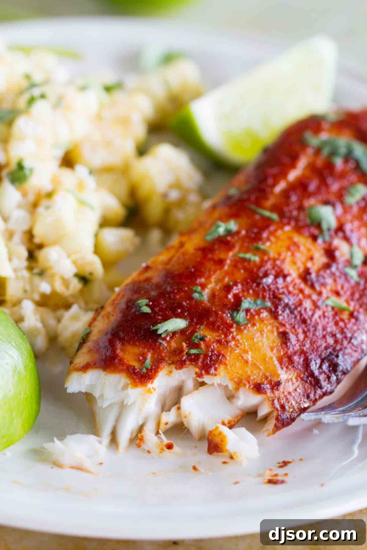 Close-up texture of a perfectly cooked taco seasoned grilled fish fillet, showing its flaky, tender flesh.