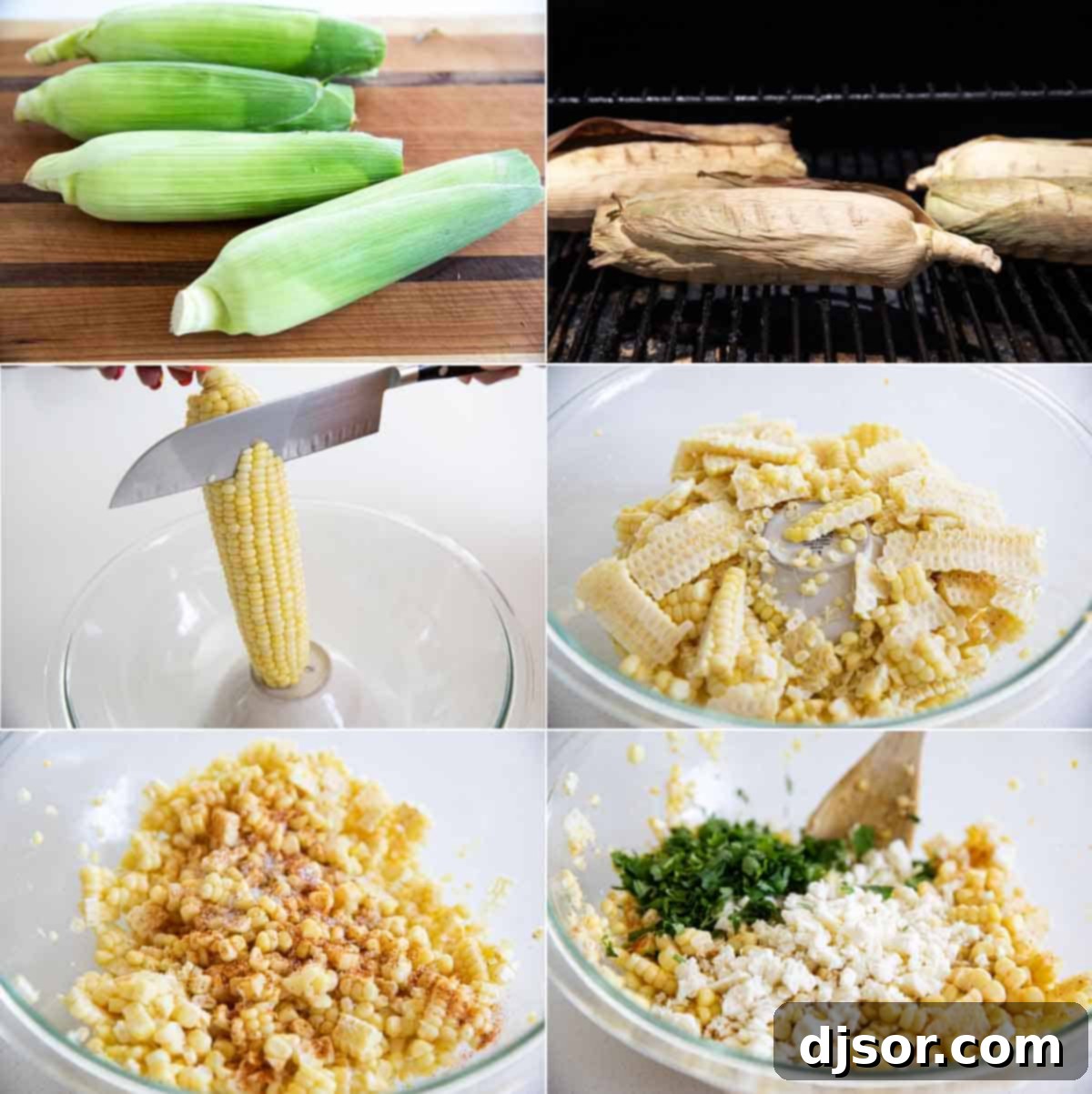 Take advantage of sweet summer corn with this Mexican Corn Salad - filled with Mexican cheese, lime, cilantro and a zing of spiciness. A three-panel image showing the steps to make Mexican Corn Salad: grilling corn, cutting kernels off the cob, and mixing ingredients in a bowl.