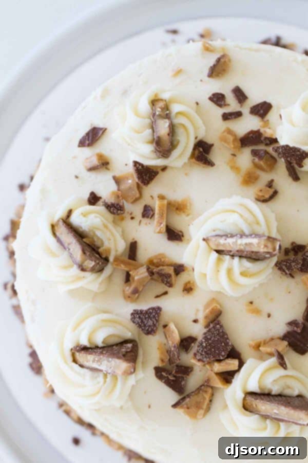 Deep Caramel Candy Bar Indulgence 4 A high-angle shot of the Burnt Sugar Candy Bar Cake, showing the entire round cake decorated with chopped Heath bars on top and around the sides, indicating generous candy bar inclusion.