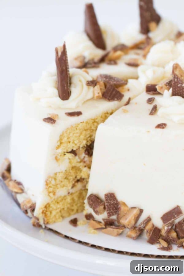 Deep Caramel Candy Bar Indulgence 5 An overhead shot of the Burnt Sugar Candy Bar Cake, emphasizing the texture of the crushed Heath bars on top and the smooth, creamy browned butter frosting.