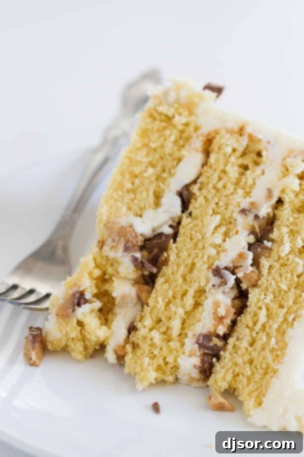 Deep Caramel Candy Bar Indulgence 6 A close-up, slightly angled view of a whole Burnt Sugar Candy Bar Cake, showing the layers, frosting, and crushed Heath candy bars on a white cake stand, ready to be served.