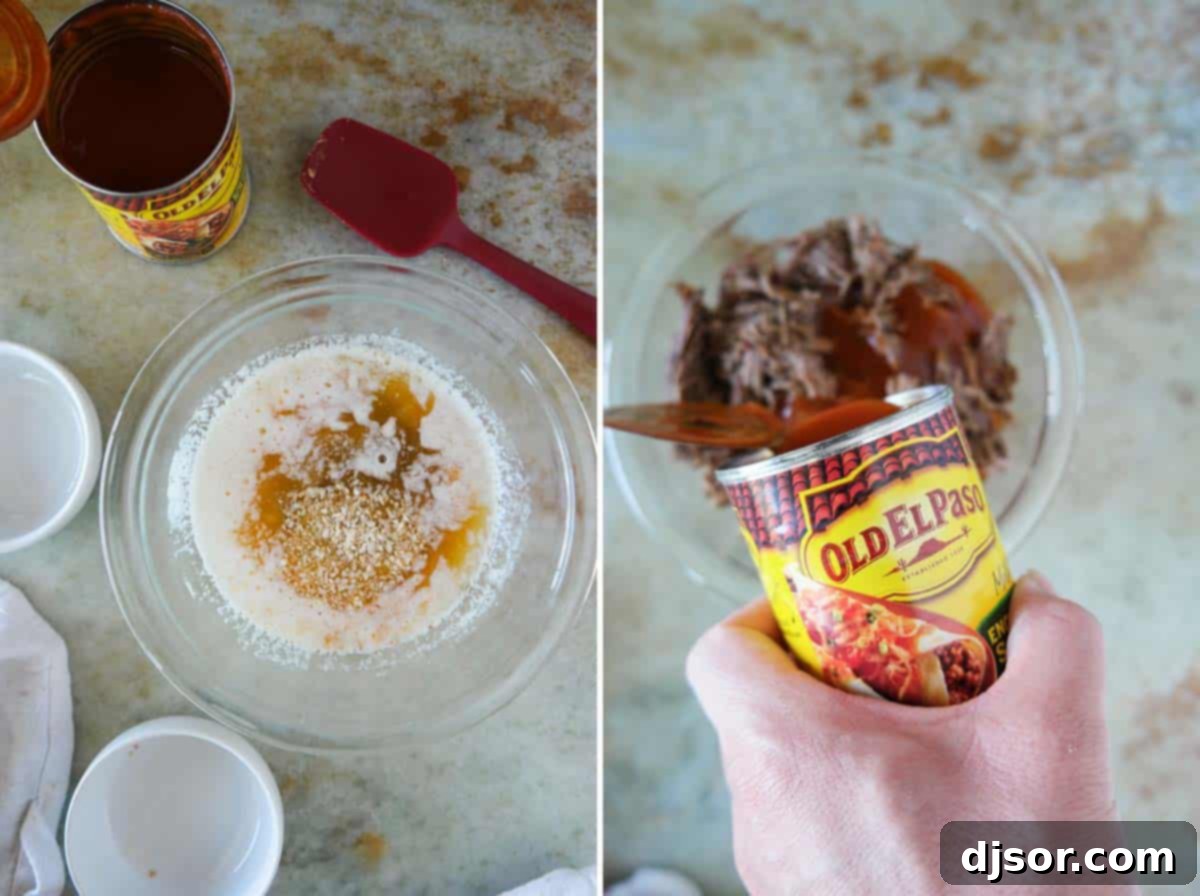 Mixing the topping and filling for enchilada beef sliders in separate bowls.