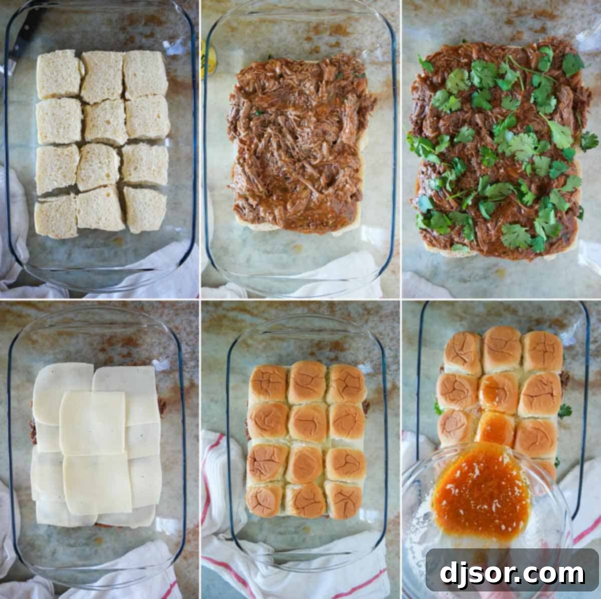 Assembling the layers of Enchilada Beef Sliders in a baking dish.
