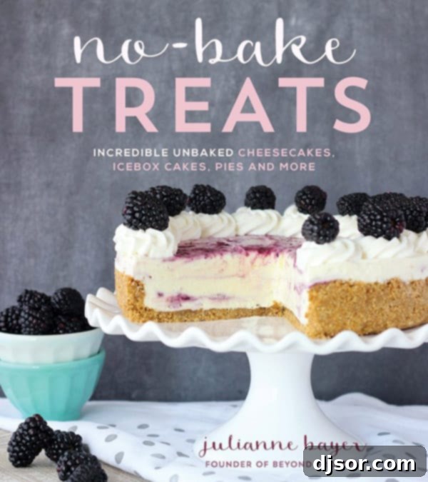 A review of No-Bake Treats by Julianne Bayer, featuring a delightful spread of various no-bake desserts from the cookbook, alongside an open copy of the book and a slice of Peanut Butter Banana Icebox Cake.