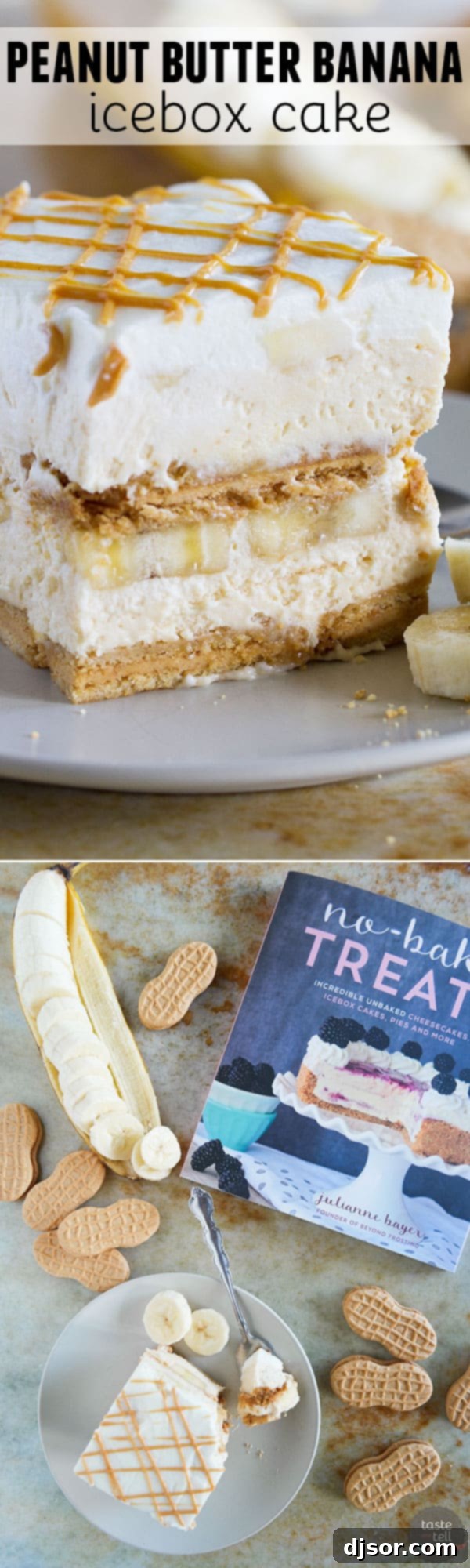 A vibrant collage showcasing various no-bake desserts and ingredients, emphasizing the ease and deliciousness of summer treats, with the Peanut Butter Banana Icebox Cake as the centerpiece.