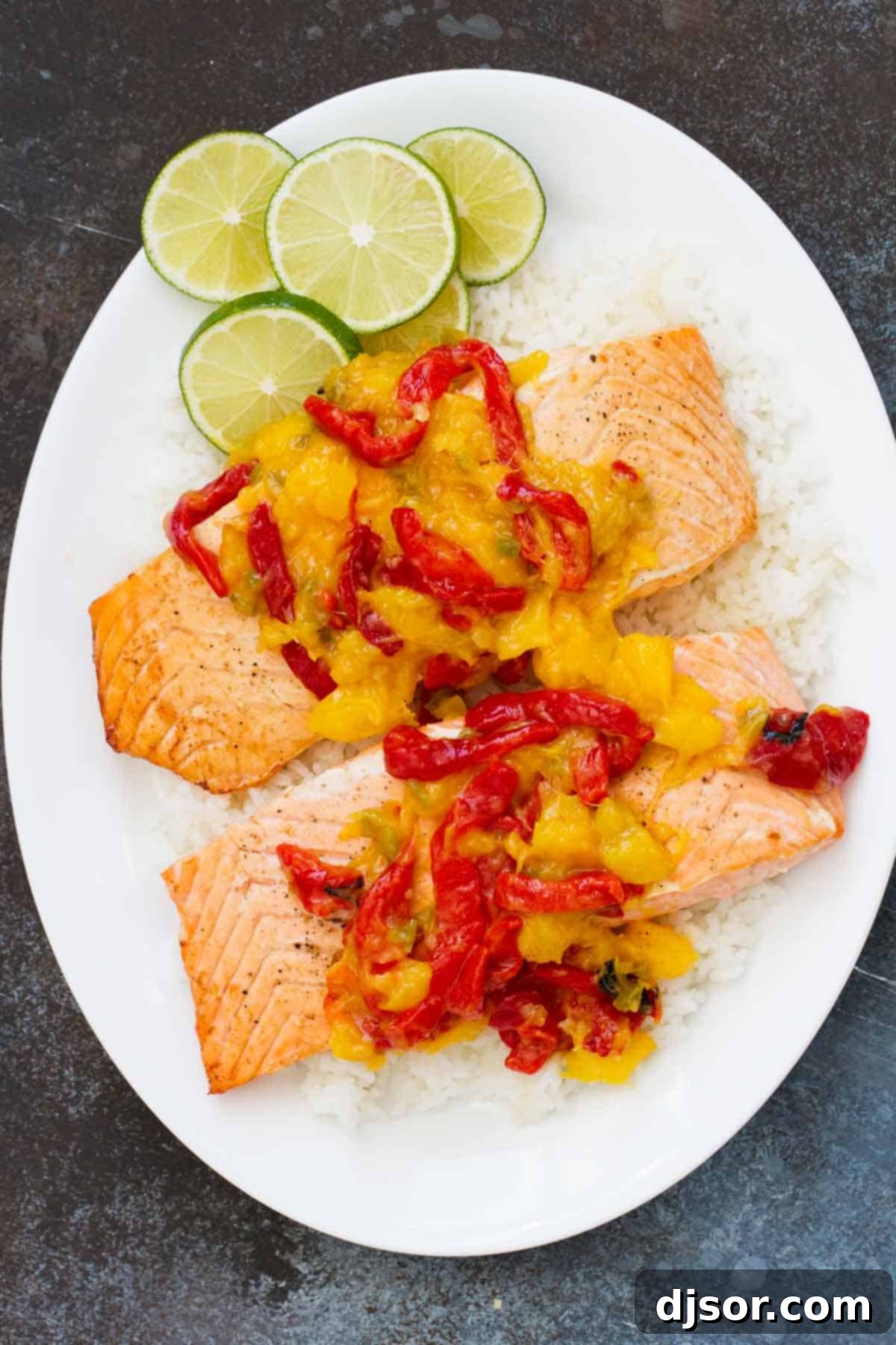 Easy Salmon Recipe with Mango and Roasted Red Pepper: A simple, healthy, and quick seafood dish bursting with tropical flavors.