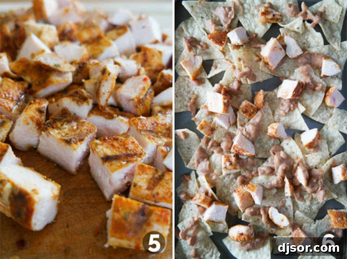 Smoky Grilled Chicken Nacho Fiesta 5 Cutting grilled chicken and adding to chips with beans.