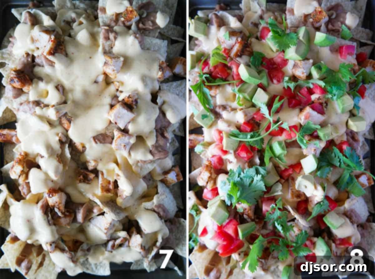Smoky Grilled Chicken Nacho Fiesta 6 Adding cheese sauce and toppings to grilled chicken nachos.