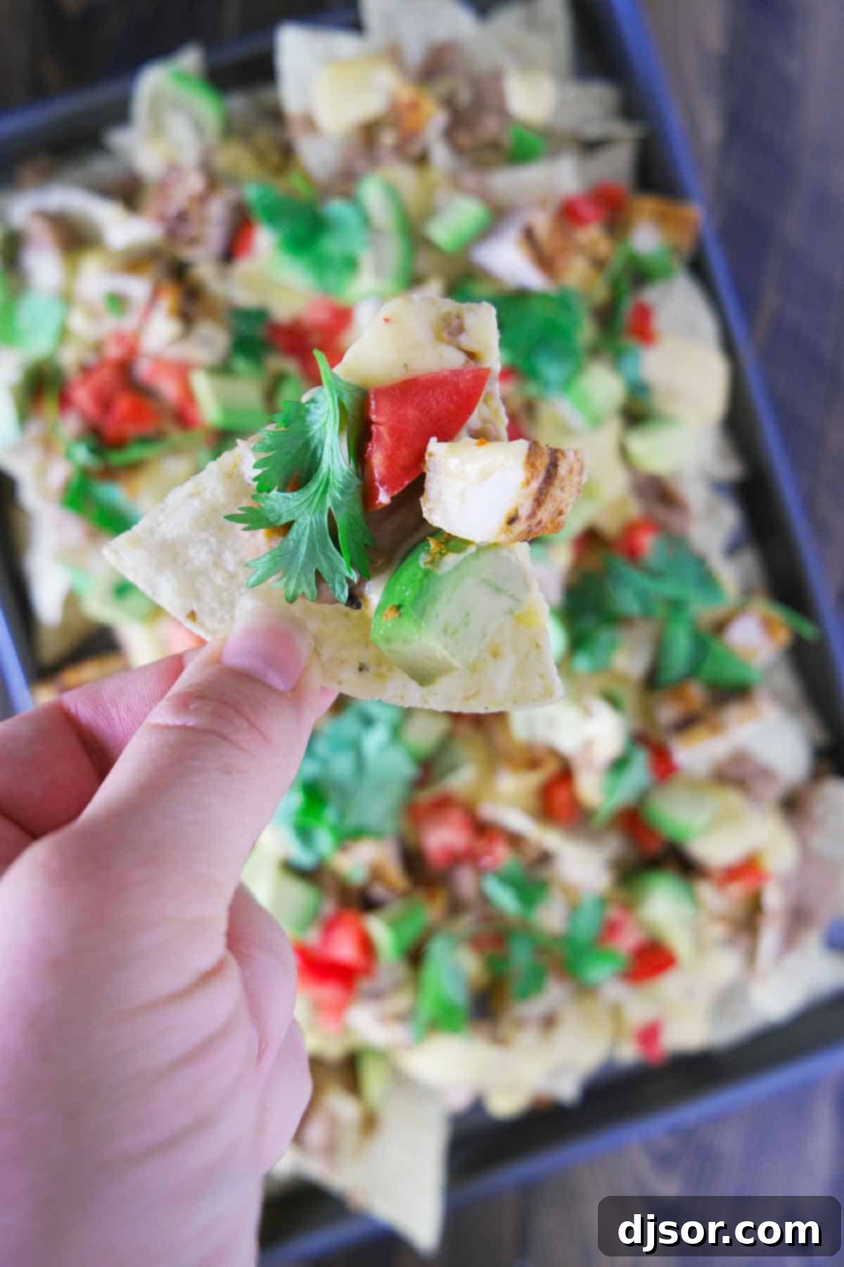 Whether for family dinner or game night, everyone will love these Grilled Chicken Nachos. Tortilla chips are topped with beans, taco seasoned grilled chicken, and an easy homemade cheese sauce in this easy, cheesy Tex-Mex recipe. Grilled chicken nachos with a homemade cheese sauce