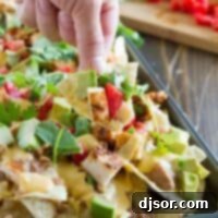 Smoky Grilled Chicken Nacho Fiesta 7 hand with a chip filled with nacho toppings