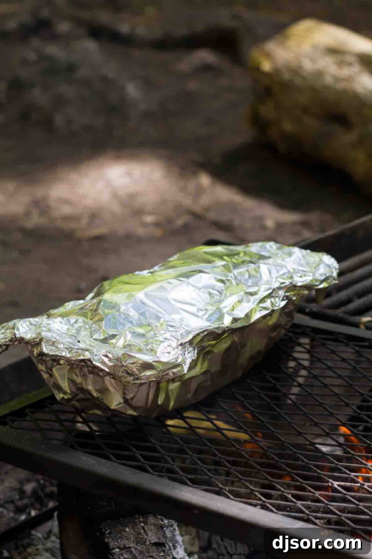 foil covered campfire cinnamon blueberry bread over a fire