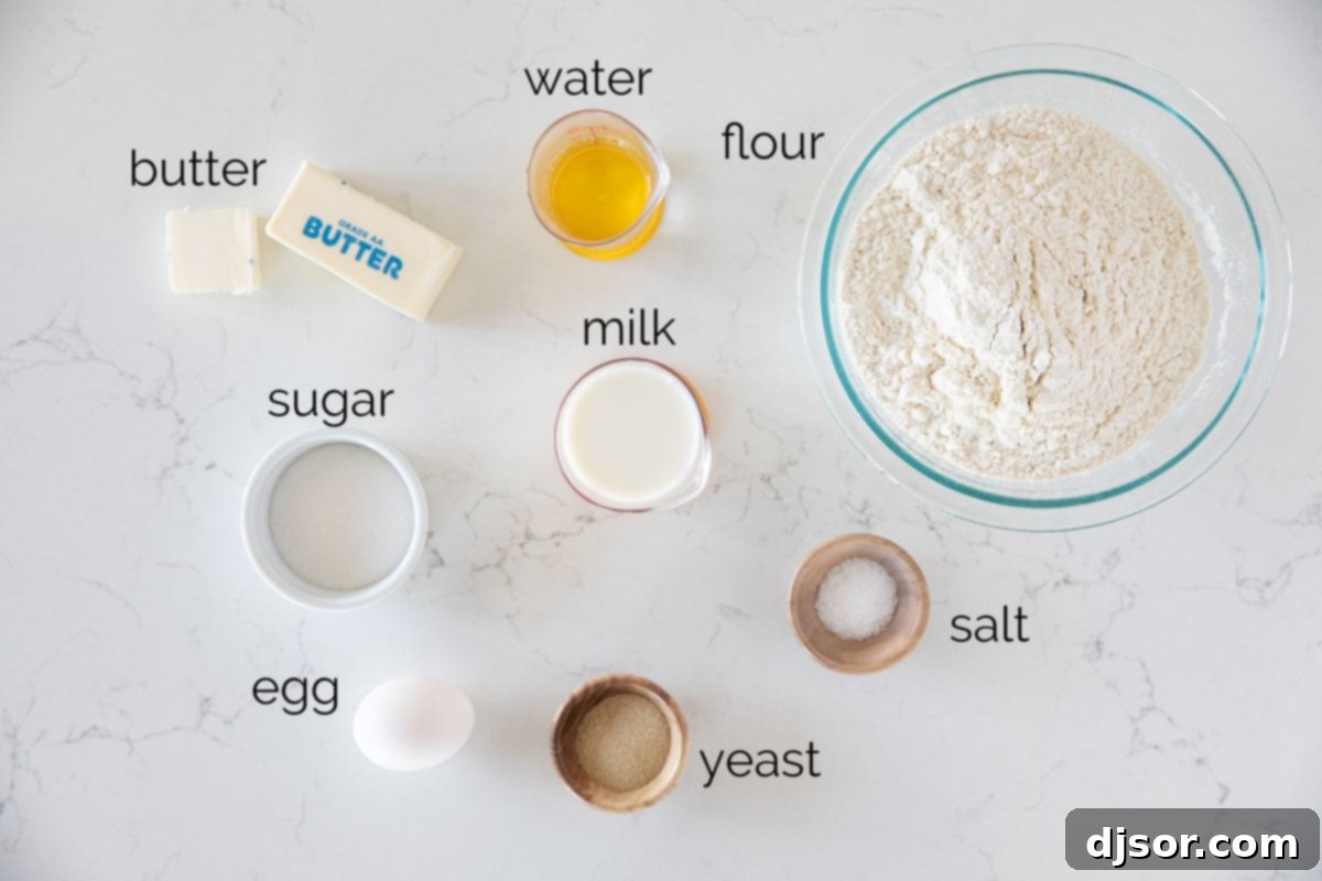 Essential Ingredients for Butterhorn Rolls A selection of fresh ingredients laid out on a kitchen counter, prepared for making homemade butterhorn rolls.