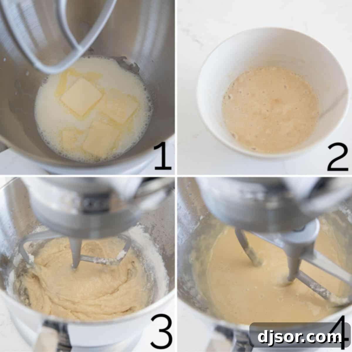 Dough Preparation Steps for Butterhorn Rolls A sequence of images showing the initial steps of making butterhorn roll dough, including mixing ingredients in a stand mixer.