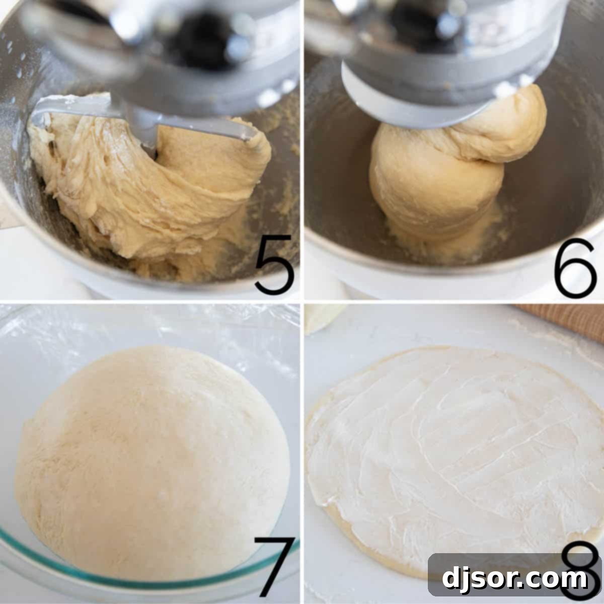 The Dough's Journey: Kneading, Rising, and Buttery Layers Progress photos of making butterhorn rolls, including kneading dough, a bowl of risen dough, and spreading butter on rolled-out dough.