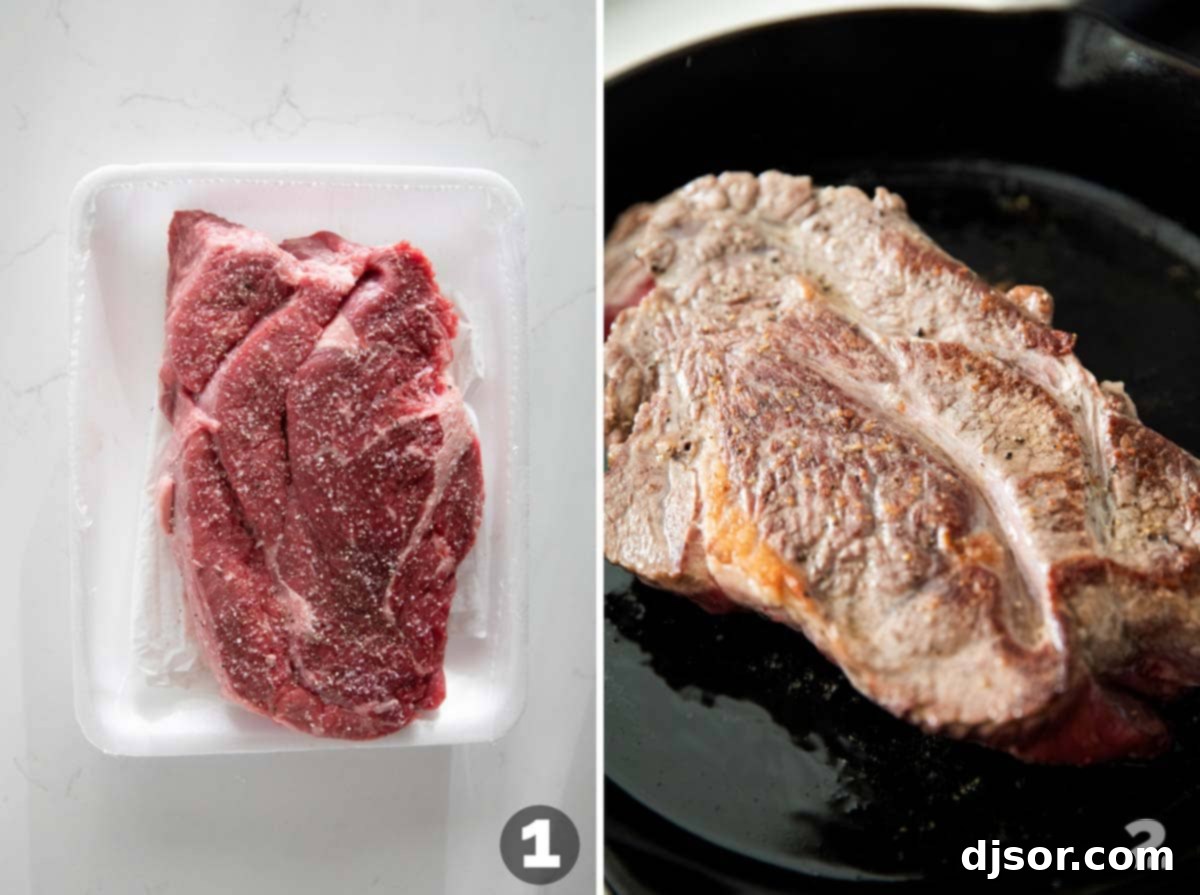 Melt-in-Your-Mouth Slow Cooker Pot Roast 2 Seasoning pot roast and browning in a cast iron skillet.