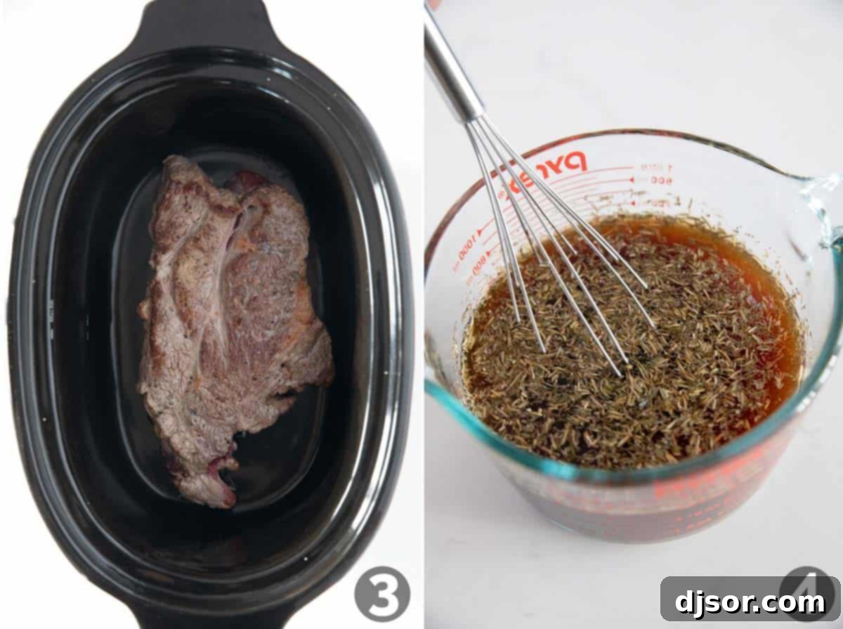 Melt-in-Your-Mouth Slow Cooker Pot Roast 3 Placing roast in slow cooker and mixing ingredients to add.