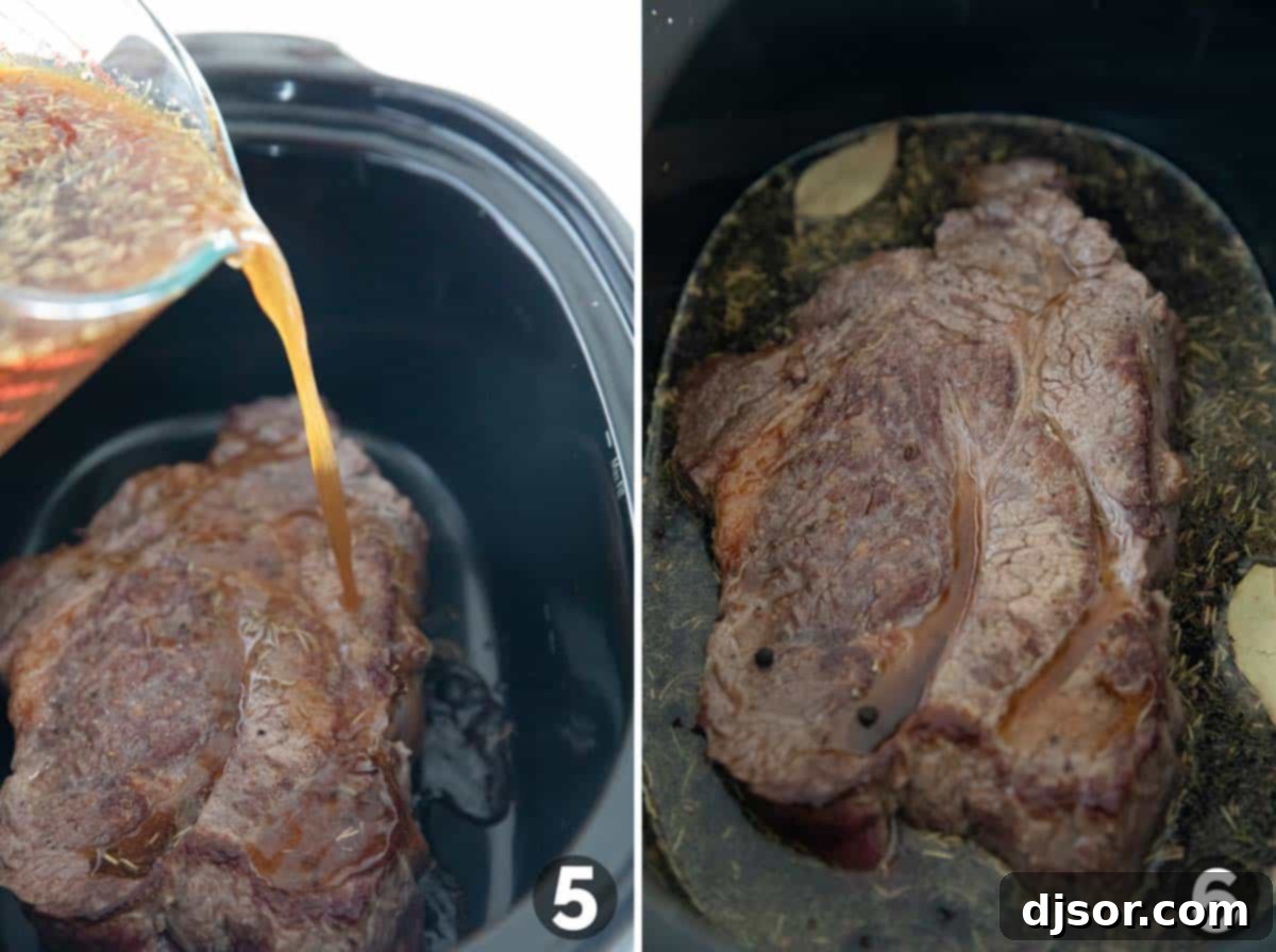 Melt-in-Your-Mouth Slow Cooker Pot Roast 4 Pouring liquid over roast in crockpot.