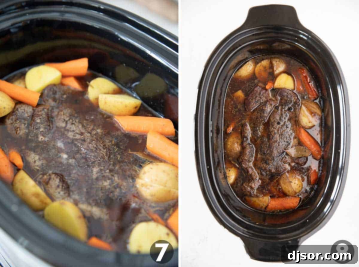 Melt-in-Your-Mouth Slow Cooker Pot Roast 5 Pot roast cooking with vegetables in a slow cooker.