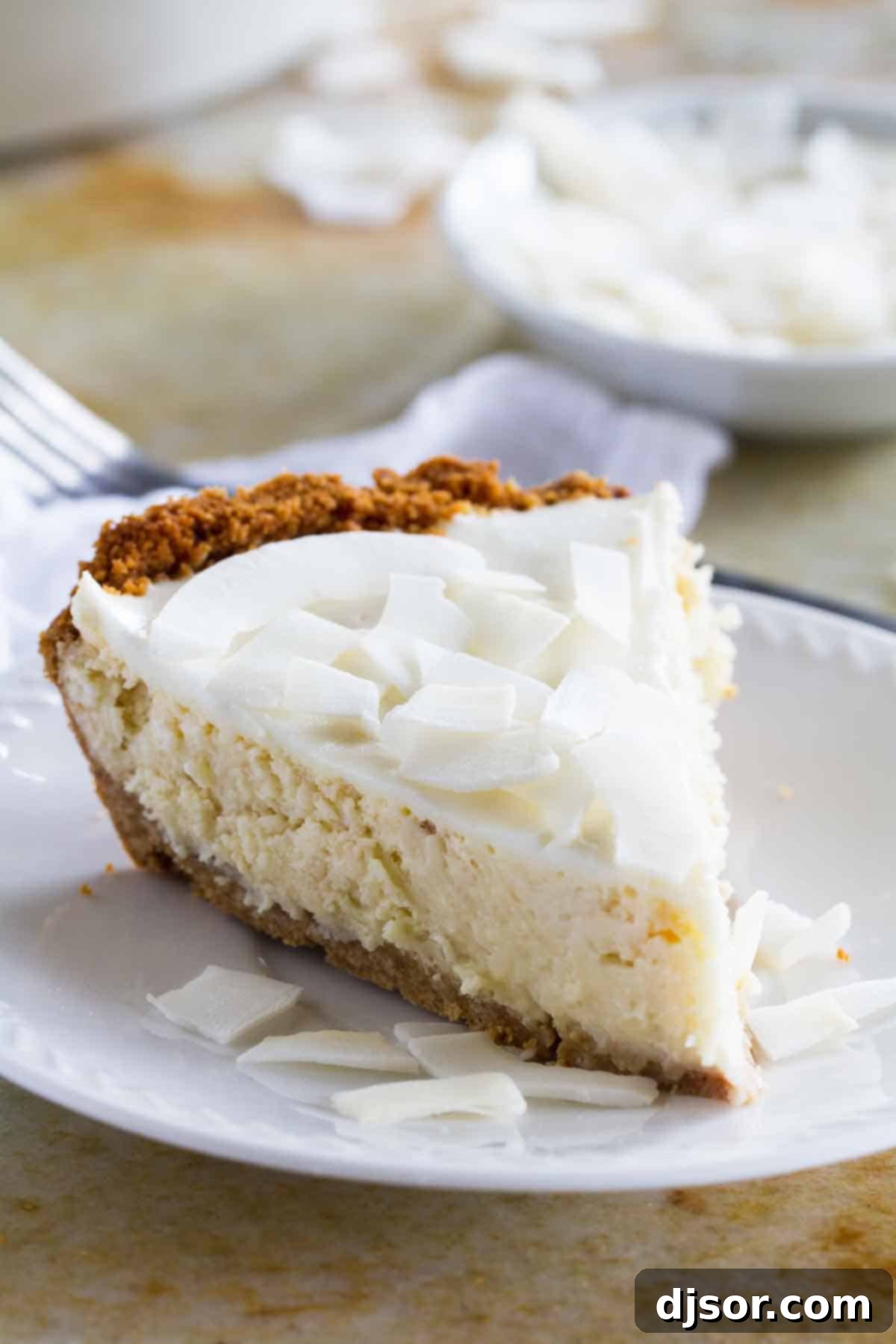 A delectable slice of creamy Coconut Cheesecake Pie, showcasing its golden graham cracker crust and smooth, coconut-infused filling, served elegantly on a white plate with a fork.