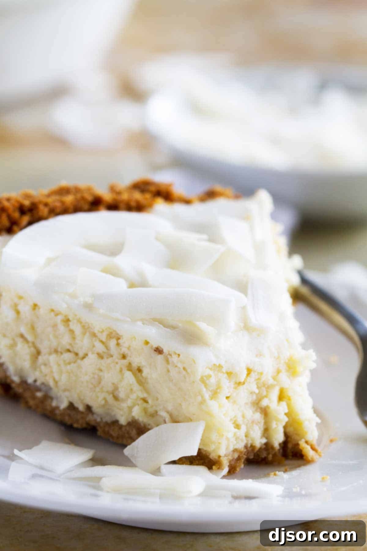 slice of Coconut Cheesecake Pie with a bite taken from it. A close-up shot of a slice of Coconut Cheesecake Pie with a small bite taken out, emphasizing the layers of crust, creamy filling, and the visible coconut flakes within, topped with a smooth, white sour cream layer and toasted coconut.