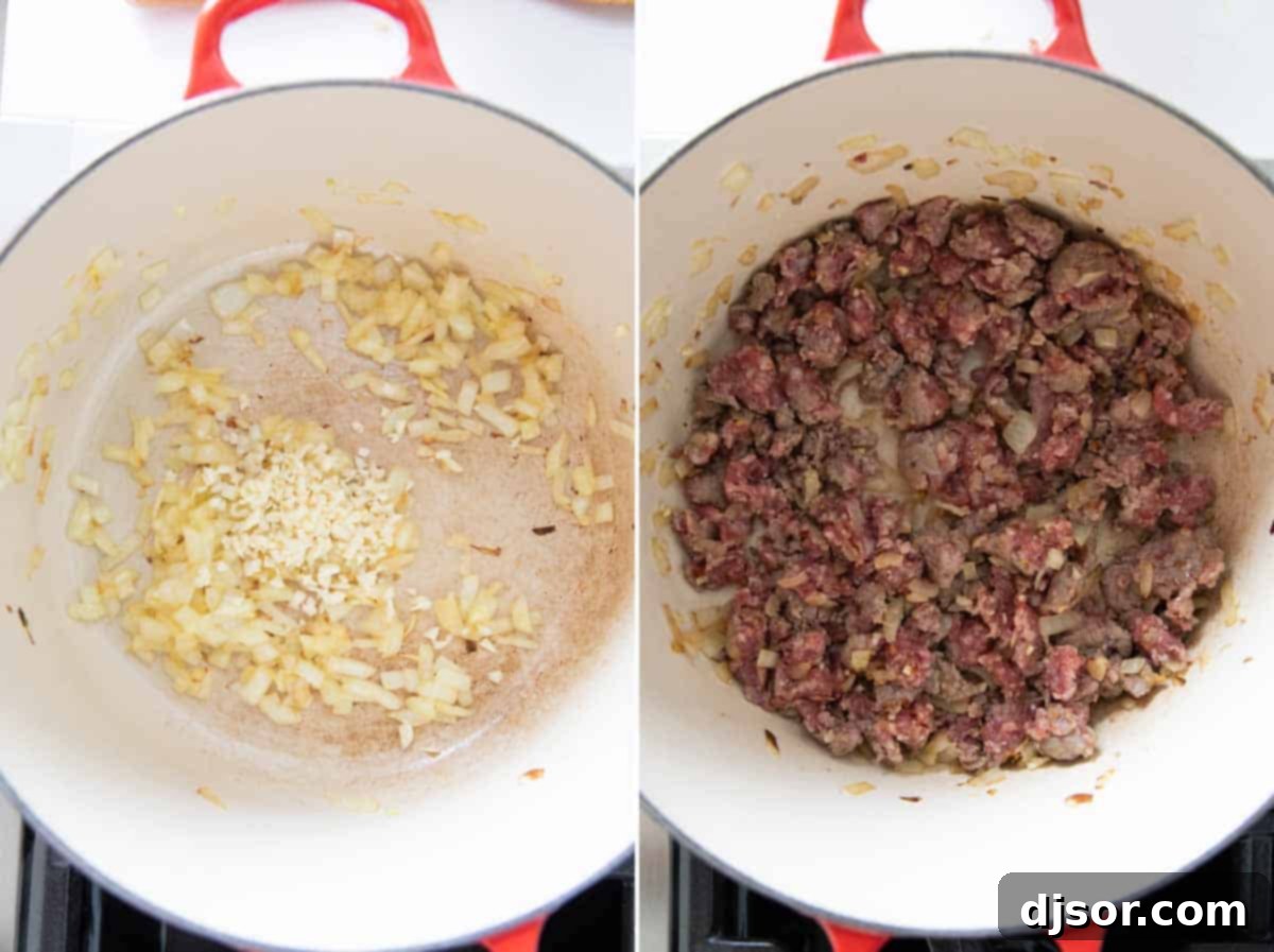 sauteeing onions and cooking sausage