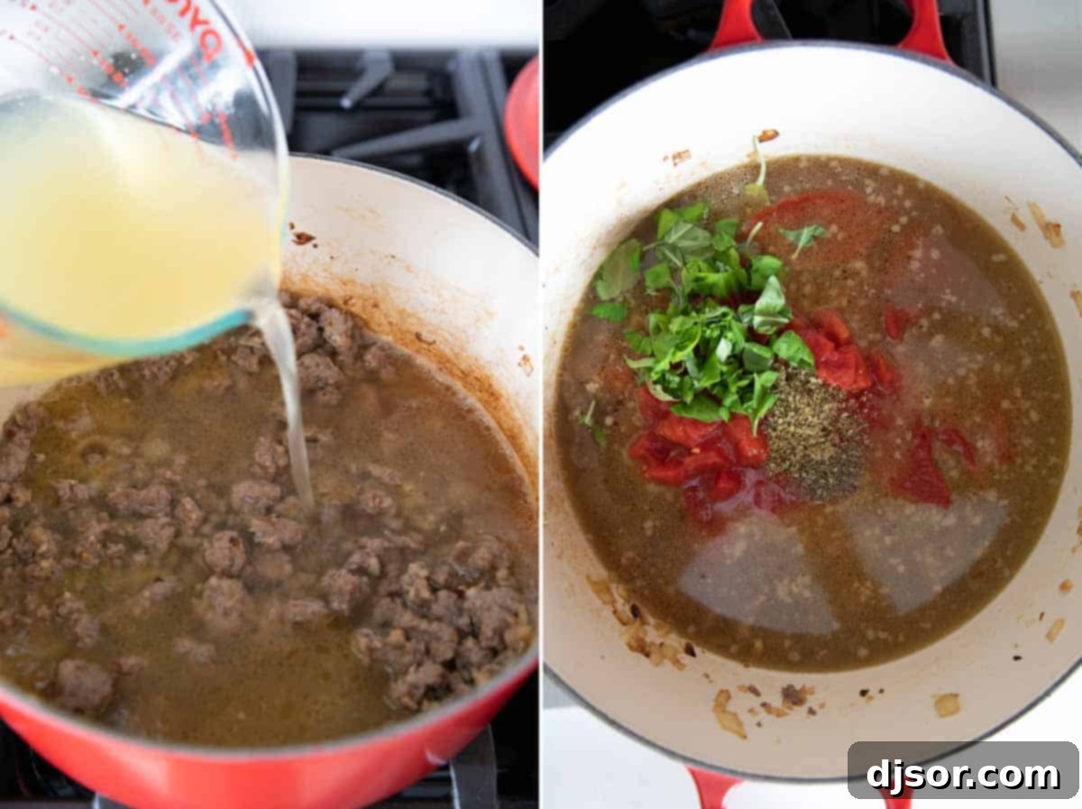 adding ingredients to a dutch oven to make lasagna soup