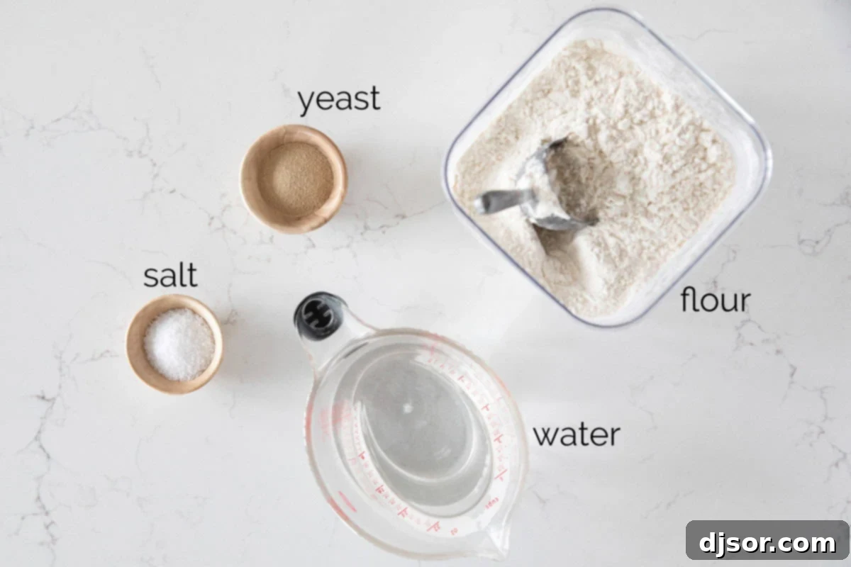 No Knead Crusty Artisan Bread 3 Ingredients needed to make artisan bread.