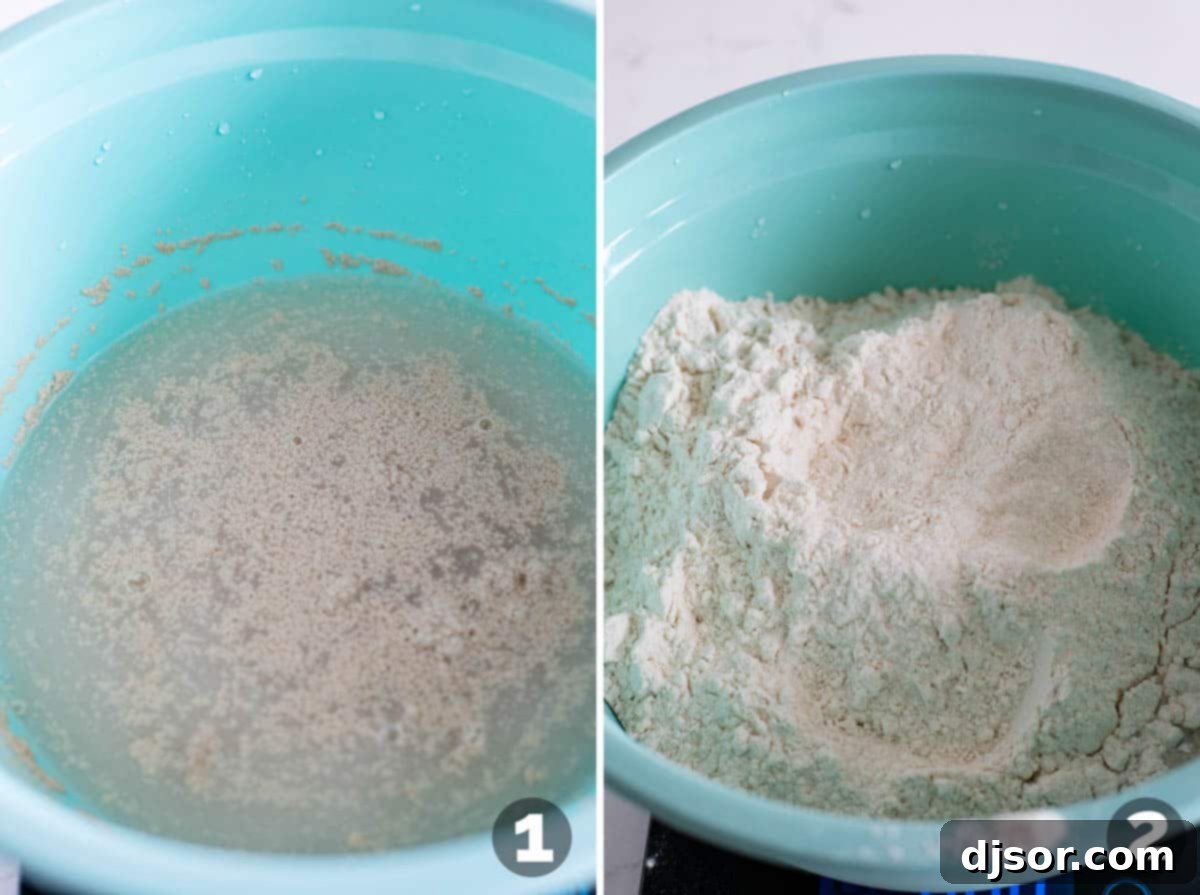 No Knead Crusty Artisan Bread 4 Combining water, yeast, salt, and flour for no knead bread.